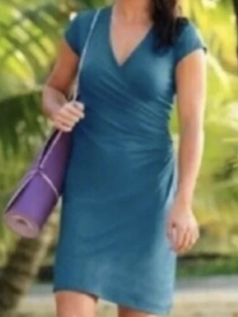 Athleta Aqua Blue Green Wrapped Bodice Dress with Cap Sleeves size Med Tall